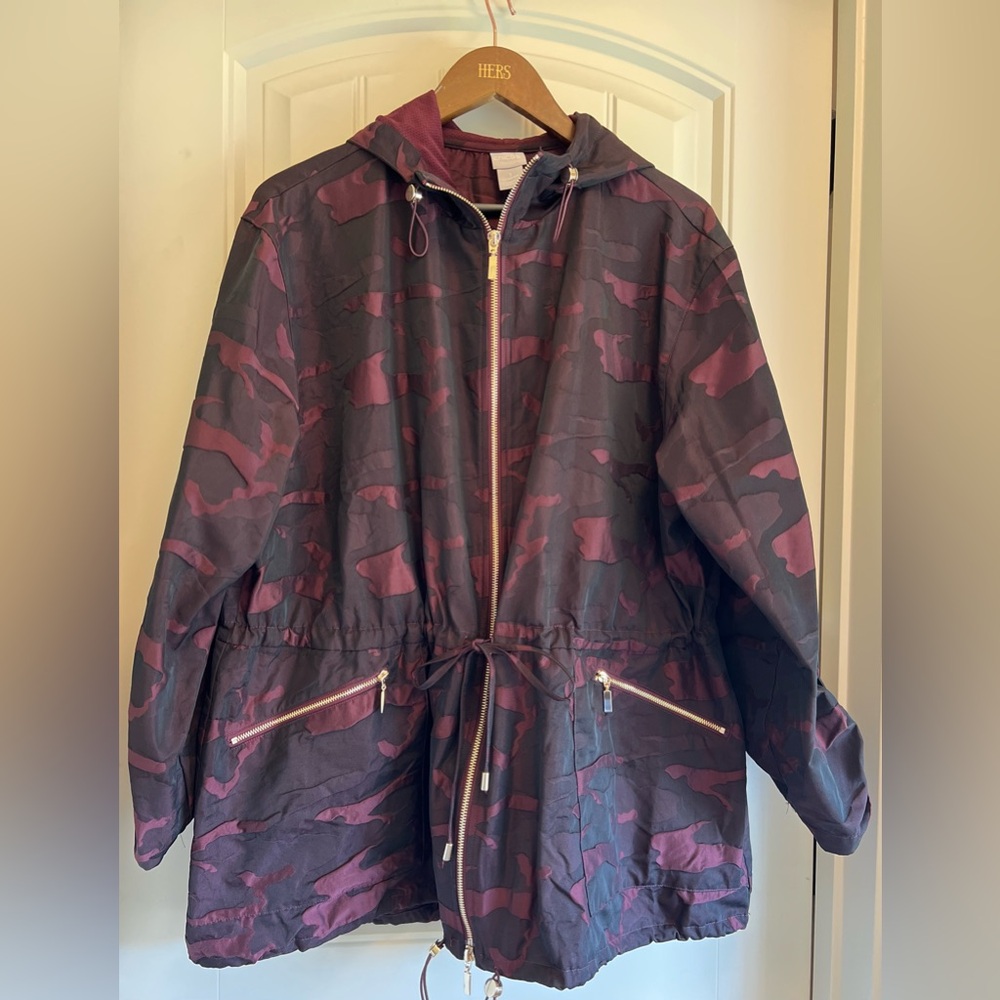 Chico's Burgundy and Black Utility Jacket with Adjustable Waist